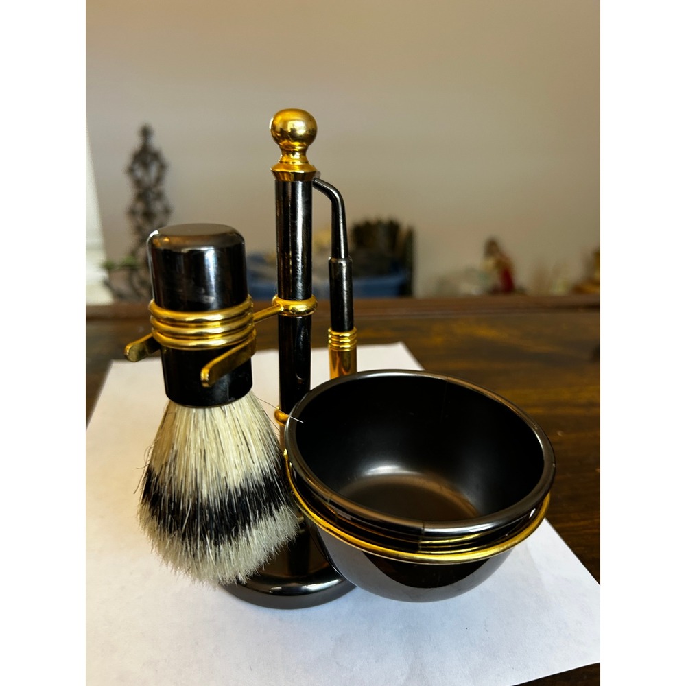 Vintage Shaving Set Black with Brass Highlights - Picture 1 of 4